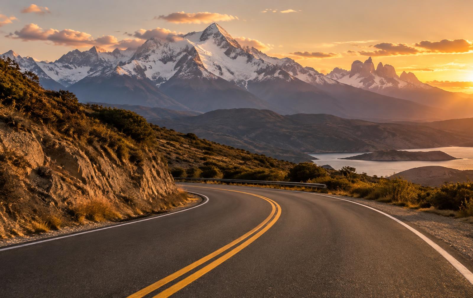 Carretera con líneas amarillas frente a la cordillera de los Andes